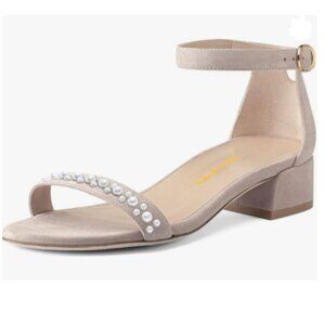 XYD Nude Pearls Open Toe Strappy Low Block Heel Sandal Ankle Strap with Buckle